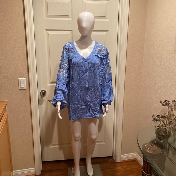 Tops - V neck button down crochet detail blouse.